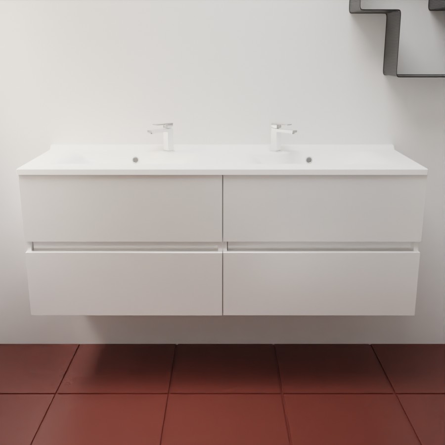 Ensemble meuble salle de bain 140 cm avec caisson en inox coloris blanc mat et plan double vasque en résine 46 cm de profondeur 
