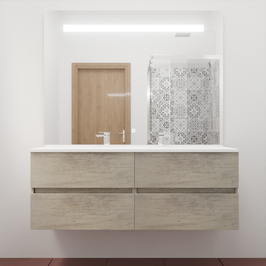Ensemble meuble salle de bain 140 cm x 46 cm ROSINOX avec meuble à tiroir coloris chene, plan double vasque en résine et miroir LED élégance 140 cm x 105 cm de hauteur