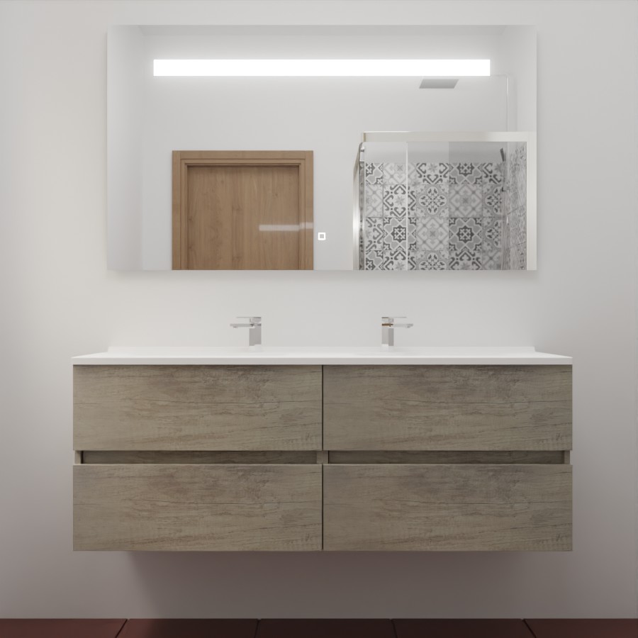 Ensemble meuble salle de bain 140 cm x 46 cm ROSINOX avec meuble à tiroir coloris chene, plan double vasque en résine et miroir LED élégance 140 cm x 80 cm de hauteur