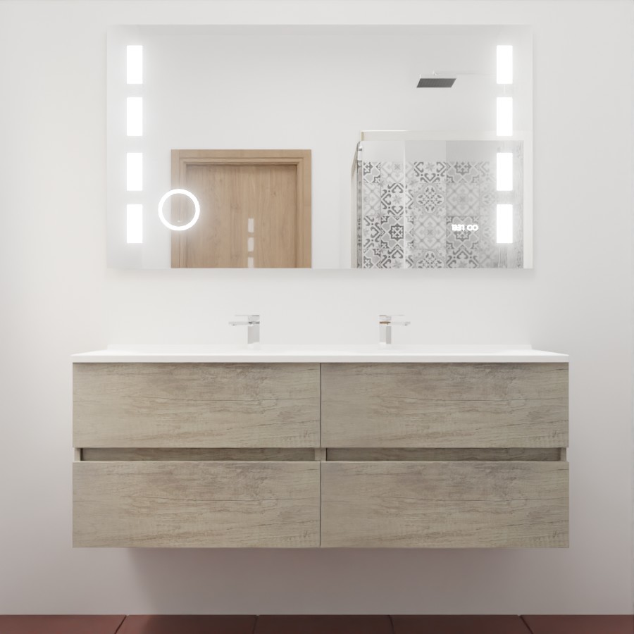 Ensemble meuble salle de bain 140 cm x 46 cm ROSINOX avec meuble à tiroir coloris chene, plan double vasque en résine et miroir LED et fonction loupe excellence 140 cm x 80 cm de hauteur