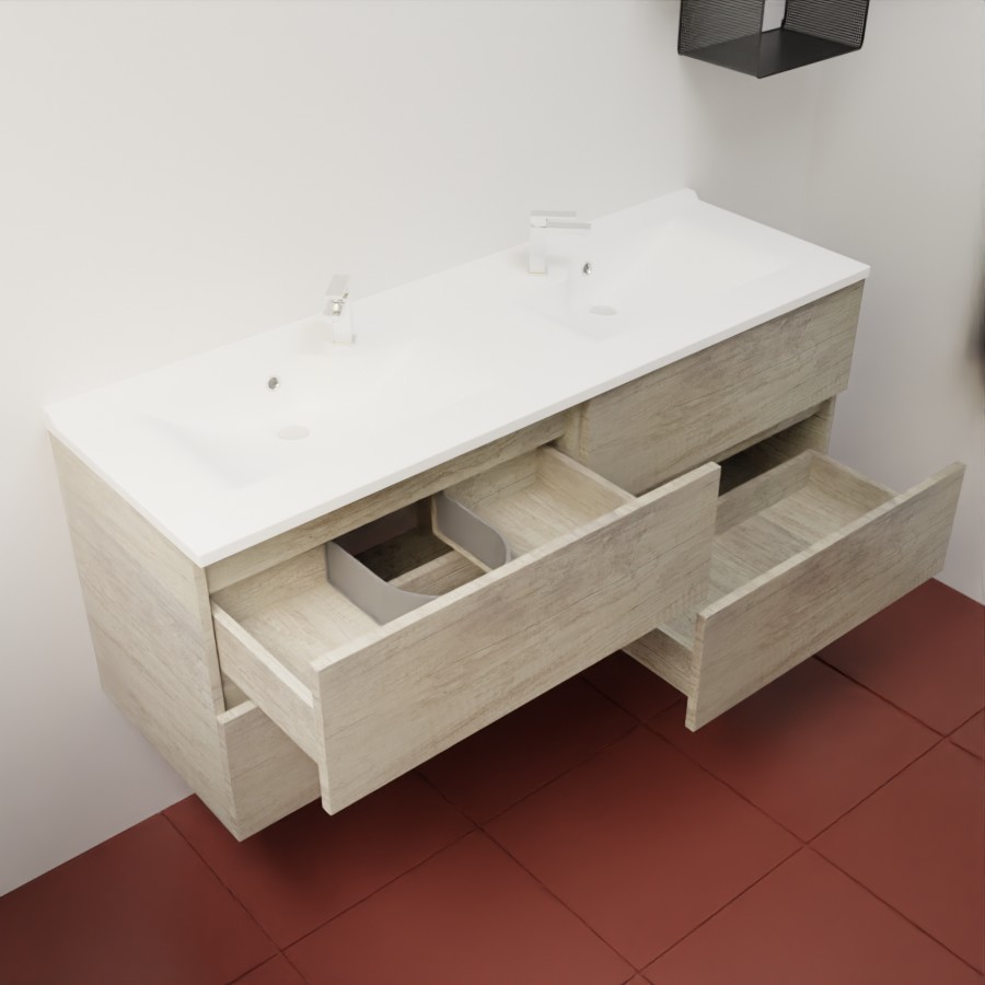 Ensemble meuble salle de bain 140 cm coloris chêne vue avec tiroirs ouverts et plan double vasque en résine 46 cm de profondeur