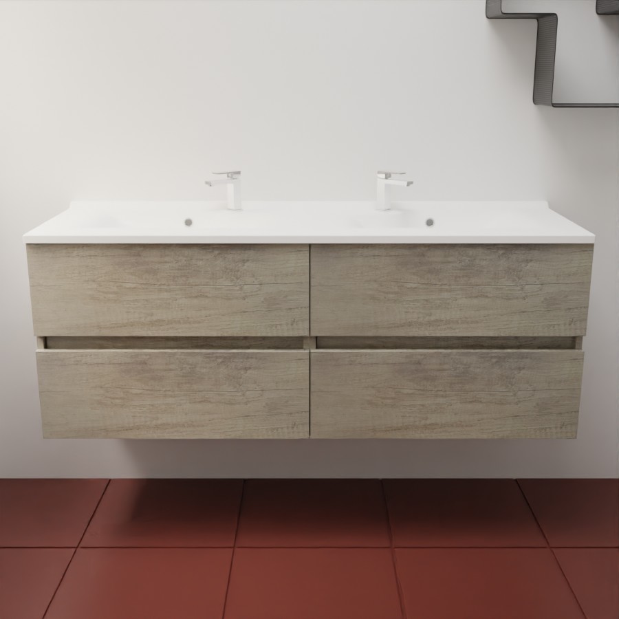 Ensemble meuble salle de bain 140 cm avec caisson en inox coloris bois et plan double vasque en résine 46 cm de profondeur