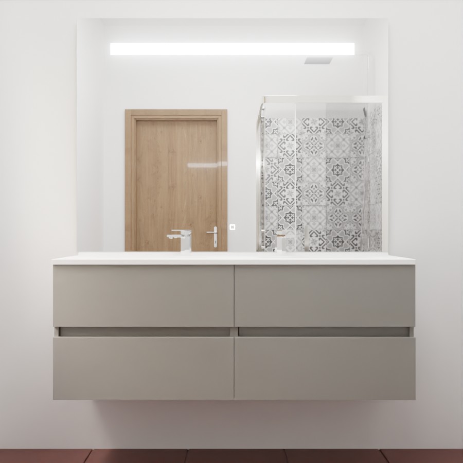 Ensemble meuble salle de bain 140 cm x 46 cm ROSINOX avec meuble à tiroir coloris gris clair mat, plan double vasque en résine et miroir LED élégance 140 cm x 105 cm de hauteur