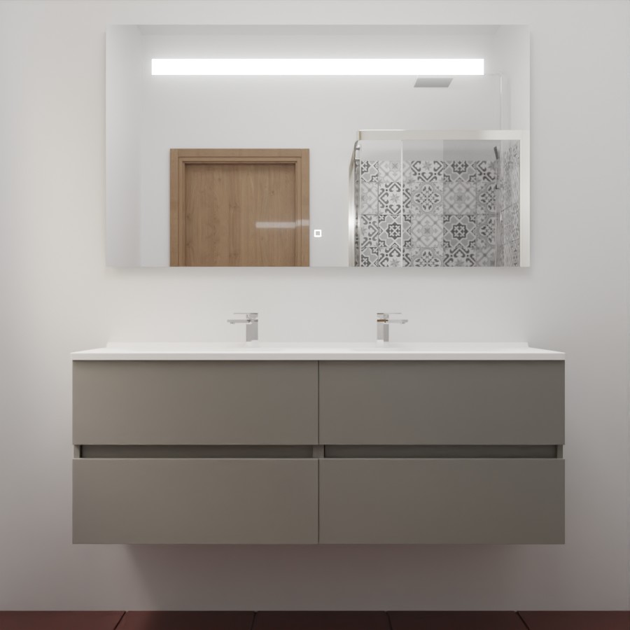 Ensemble meuble salle de bain 140 cm x 46 cm ROSINOX avec meuble à tiroir coloris gris clair mat, plan double vasque en résine et miroir LED élégance 140 cm x 80 cm de hauteur