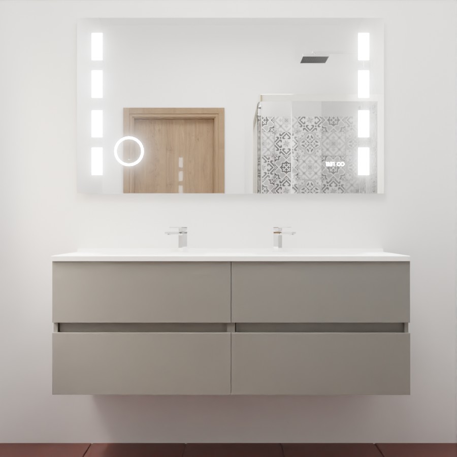 Ensemble meuble salle de bain 140 cm x 46 cm ROSINOX avec meuble à tiroir coloris gris clair mat, plan double vasque en résine et miroir LED et fonction loupe excellence 140 cm x 80 cm de hauteur
