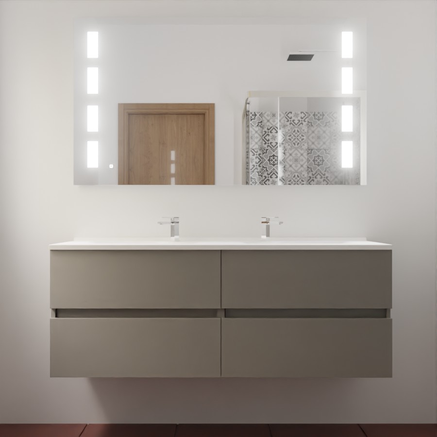 Ensemble meuble salle de bain 140 cm x 46 cm ROSINOX avec meuble à tiroir coloris gris clair mat, plan double vasque en résine et miroir LED prestige 140 cm x 80 cm de hauteur