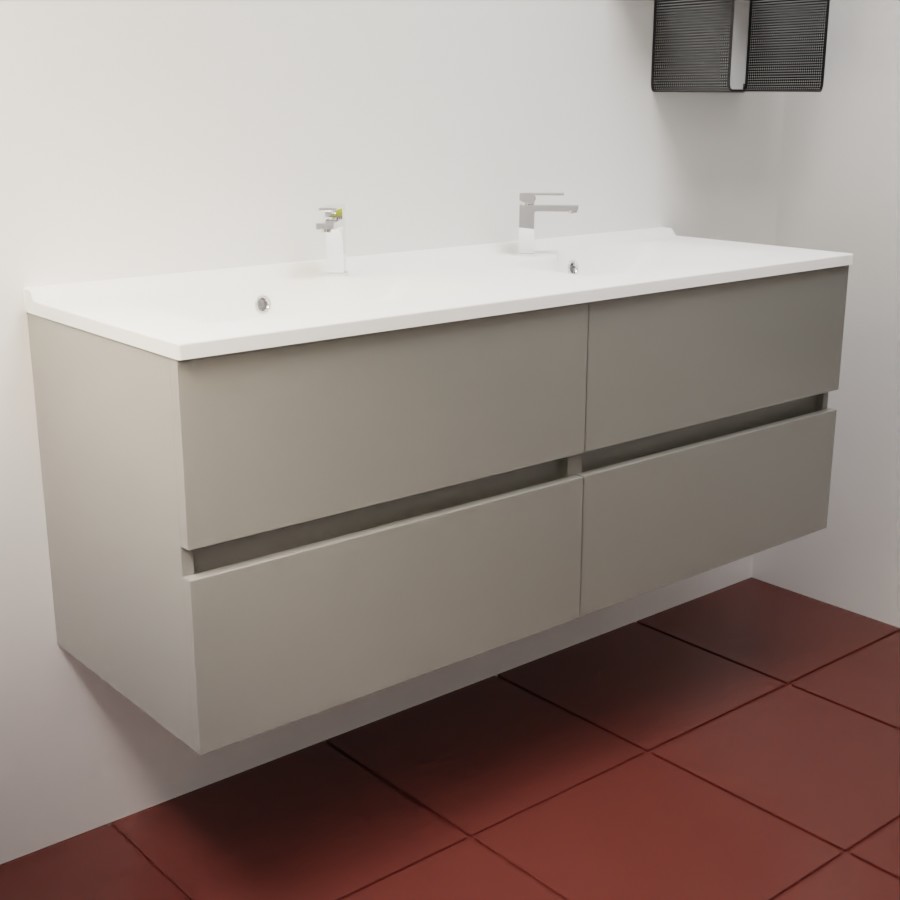 Ensemble meuble salle de bain 140 cm coloris gris vue de coté et plan double vasque en résine 