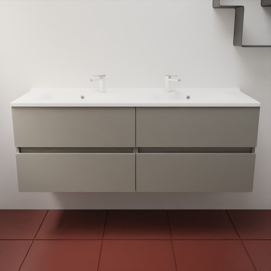 Ensemble meuble salle de bain 140 cm avec caisson en inox coloris gris mat et plan double vasque en résine 46 cm de profondeur