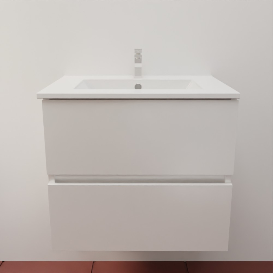 Ensemble meuble salle de bain 60 cm en inox coloris blanc mat et plan simple vasque en céramique 46 cm de profondeur 