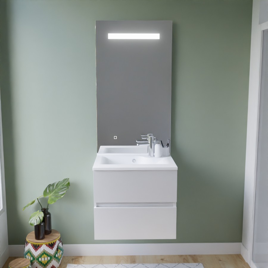 Ensemble salle de bain ROSINOX avec meuble 60 cm coloris blanc, plan vasque en résine et miroir LED élégance grande hauteur