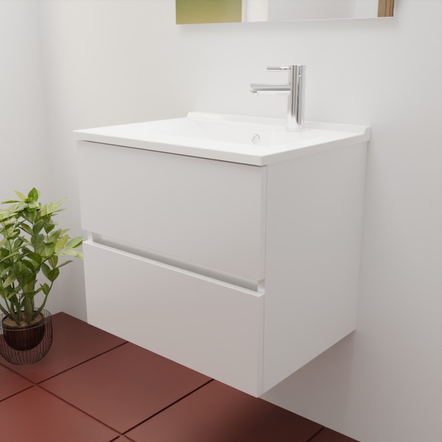 Ensemble meuble salle de bain 60 cm en inox coloris blanc mat et plan simple vasque en résine 46 cm de profondeur 