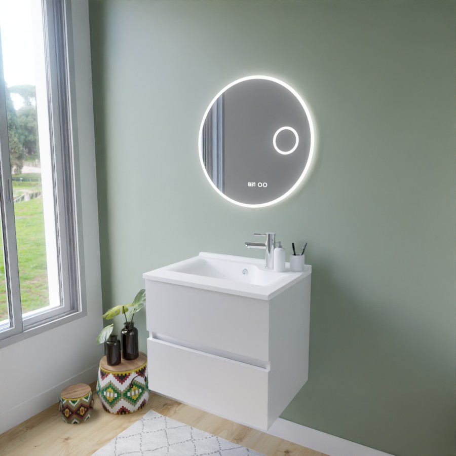 Ensemble salle de bain ROSINOX avec meuble 60 cm coloris blanc, plan vasque en résine et miroir rond LED 