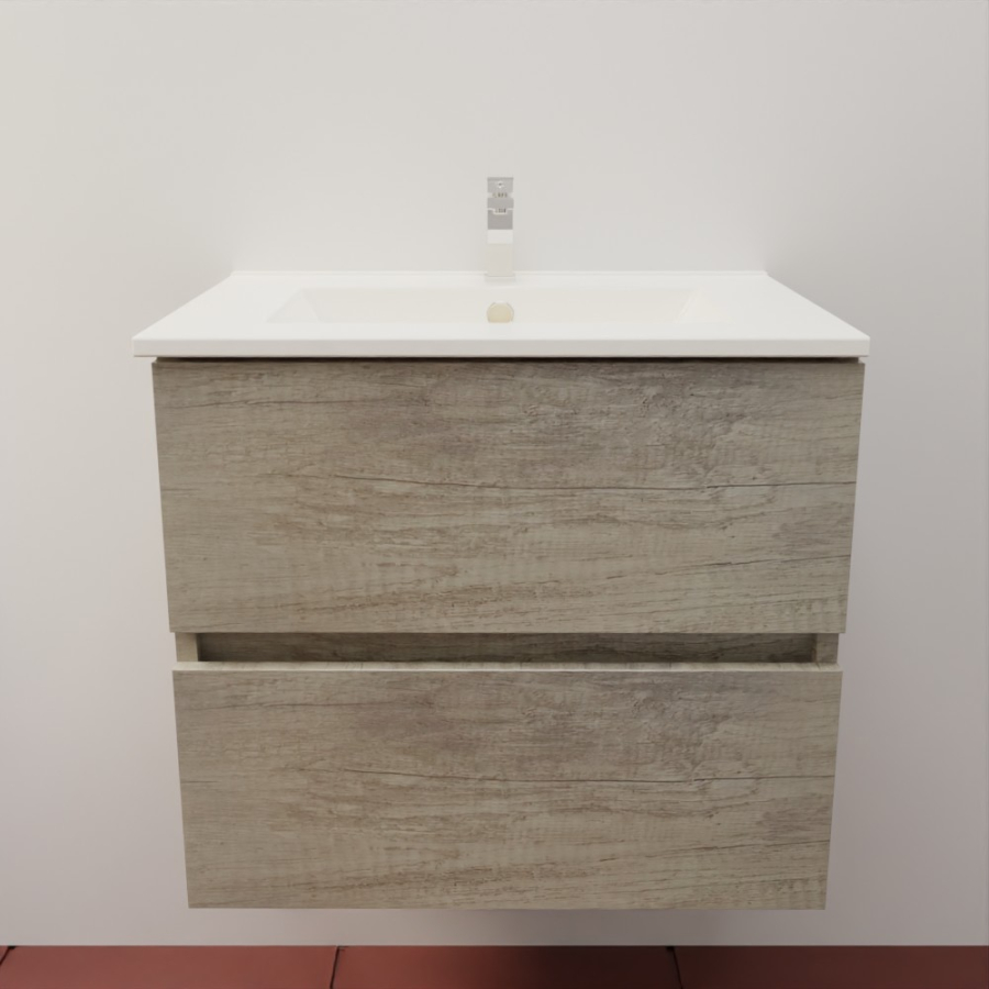 nsemble meuble salle de bain 60 cm en inox coloris chêne et plan simple vasque en céramique 46 cm de profondeur 