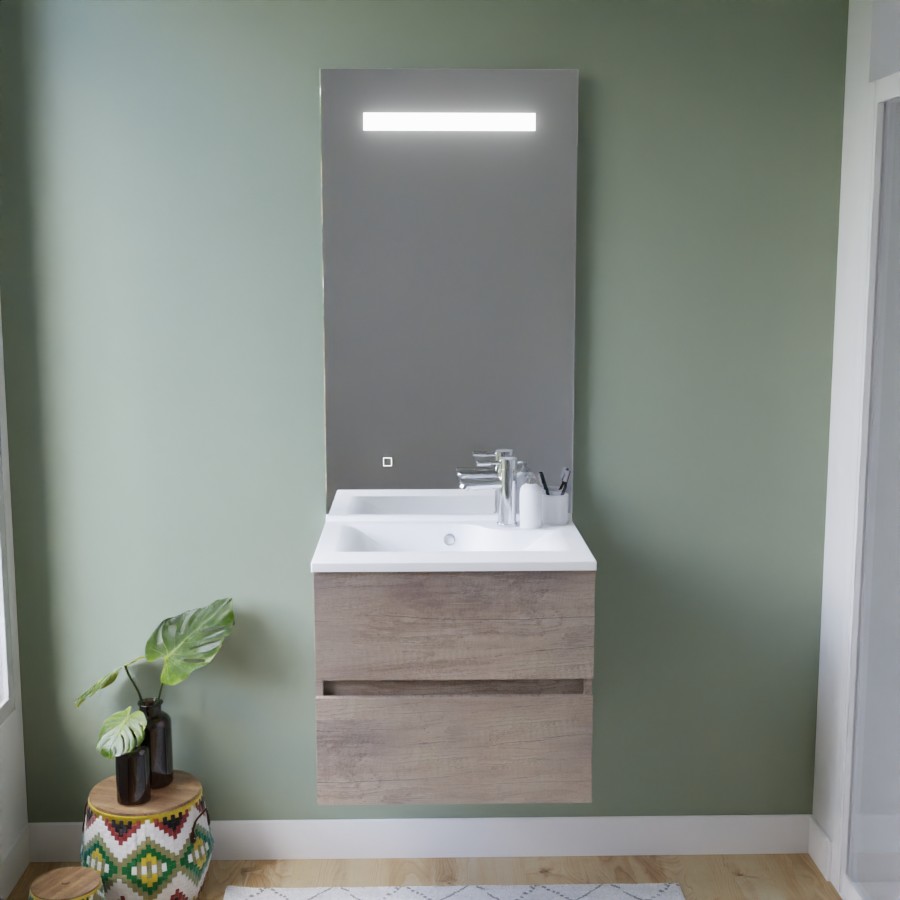 Ensemble salle de bain ROSINOX avec meuble 60 cm coloris chene, plan vasque en résine et miroir LED élégance grande hauteur