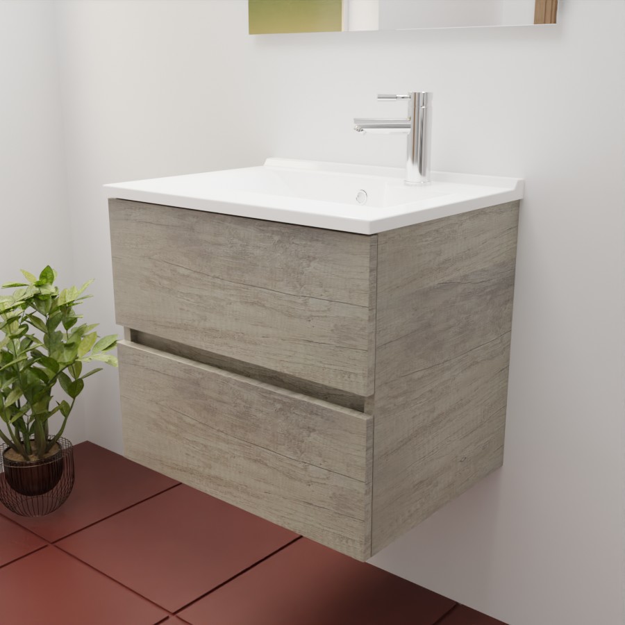 Ensemble meuble salle de bain 60 cm en inox coloris chêne et plan simple vasque en résine 46 cm de profondeur 