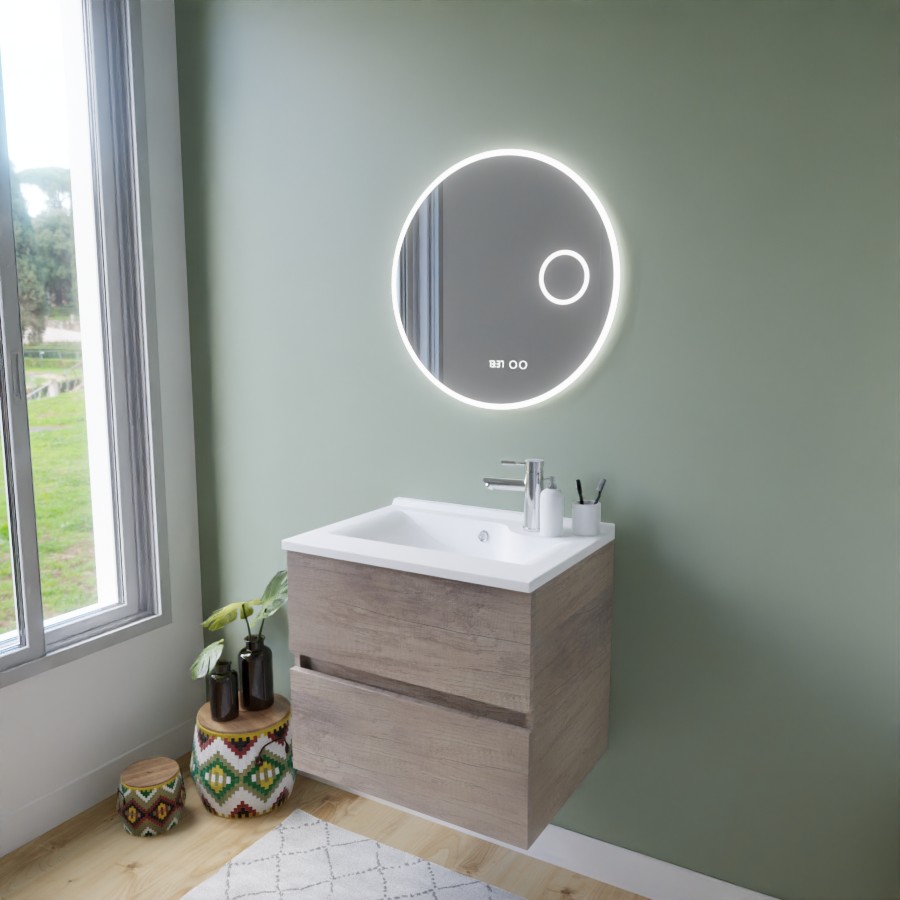 Ensemble salle de bain ROSINOX avec meuble 60 cm coloris chêne, plan vasque en résine et miroir rond LED 