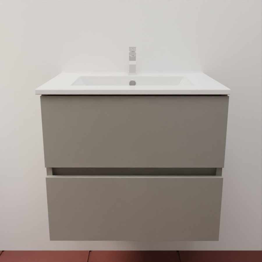 Ensemble meuble salle de bain 60 cm en inox coloris gris mat et plan simple vasque en céramique 46 cm de profondeur 