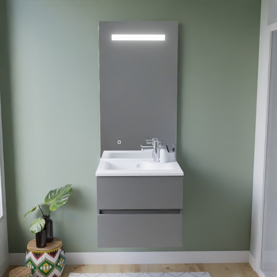 Ensemble salle de bain ROSINOX avec meuble 60 cm coloris gris, plan vasque en résine et miroir LED élégance grande hauteur