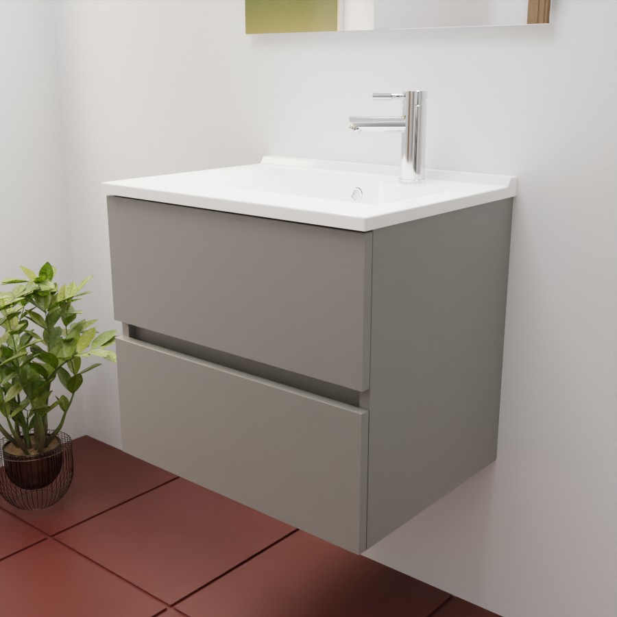 Ensemble meuble salle de bain 60 cm en inox coloris gris mat et plan simple vasque en résine 46 cm de profondeur 