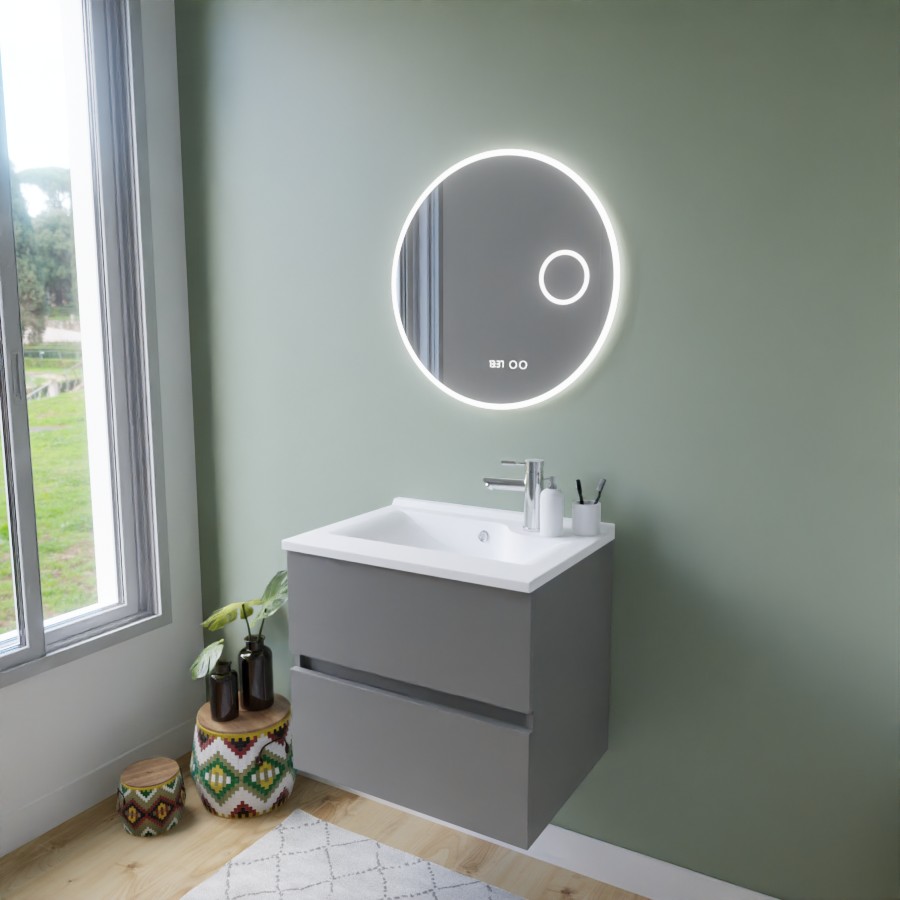Ensemble salle de bain ROSINOX avec meuble 60 cm coloris gris, plan vasque en résine et miroir rond LED 