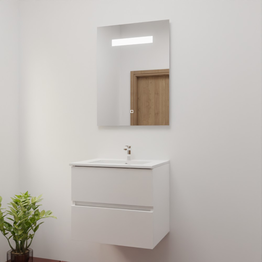 Ensemble salle de bain ROSINOX avec meuble 60 cm blanc, plan vasque en céramique et miroir LED élégance 60 cm x 80 cm de hauteur