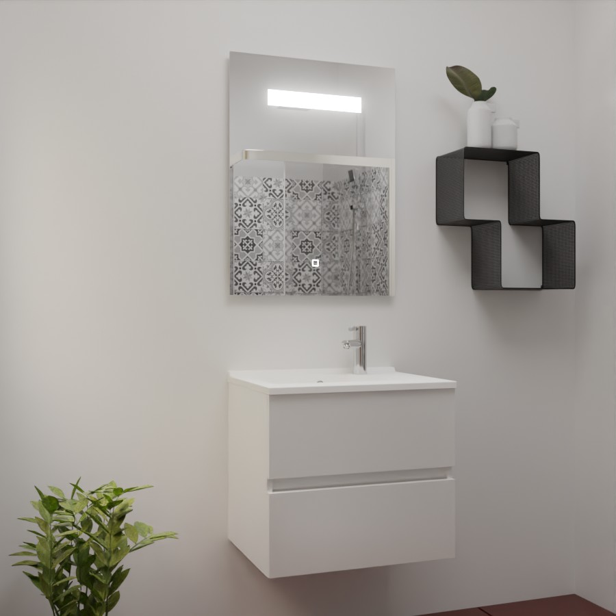 Ensemble salle de bain ROSINOX avec meuble 60 cm blanc mat, plan vasque en résine et miroir LED élégance 60 cm x 80 cm de hauteur