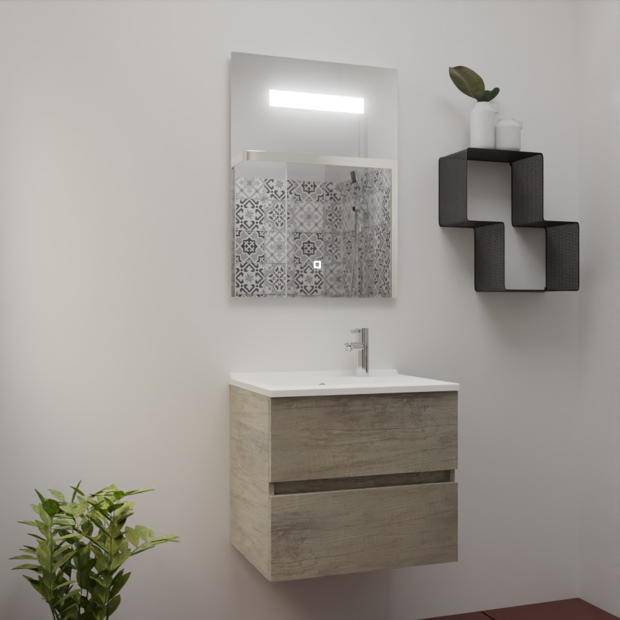 Ensemble salle de bain ROSINOX avec meuble 60 cm coloris bois, plan vasque en résine et miroir LED élégance 60 cm x 80 cm de hauteur