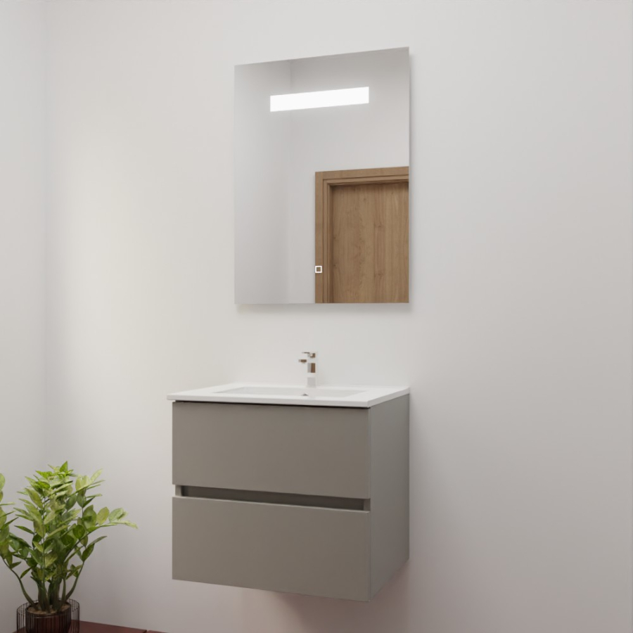 Ensemble salle de bain ROSINOX avec meuble 60 cm gris, plan vasque en céramique et miroir LED élégance 60 cm x 80 cm de hauteur