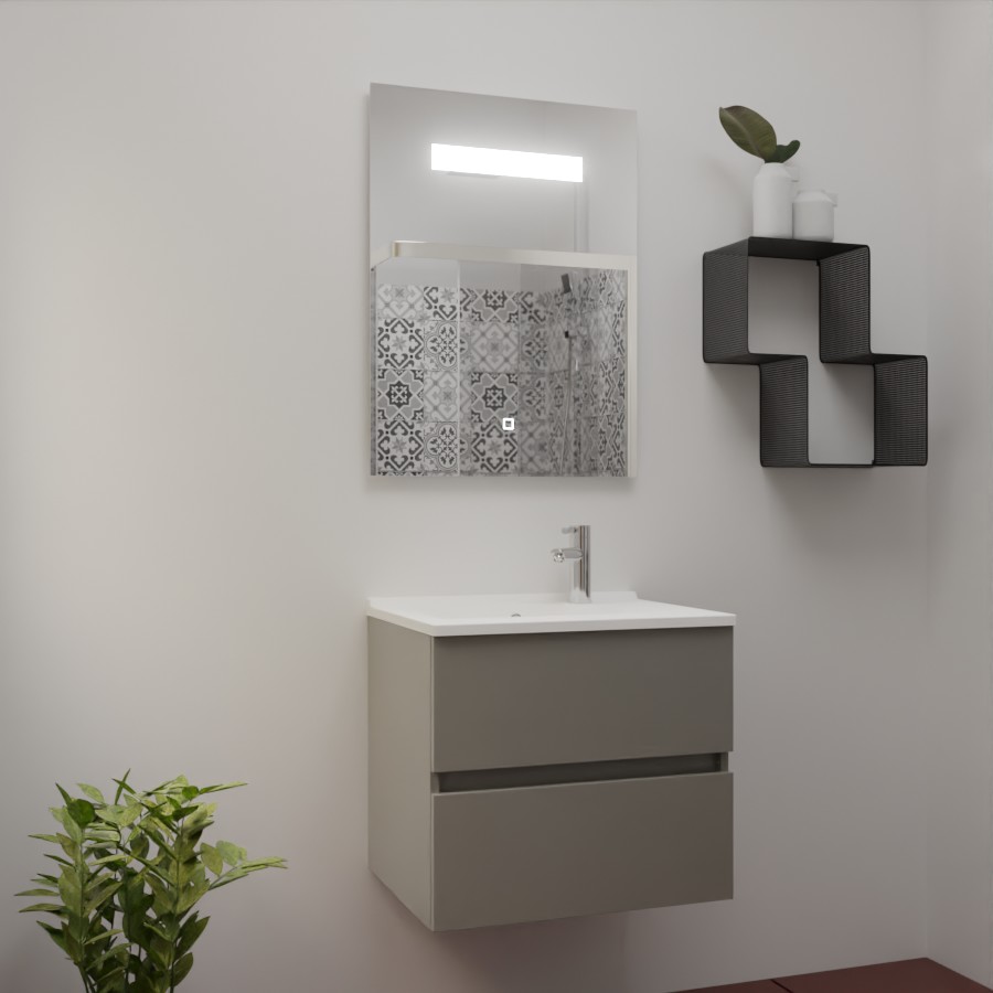 Ensemble salle de bain ROSINOX avec meuble 60 cm gris, plan vasque en résine et miroir LED élégance 60 cm x 80 cm de hauteur