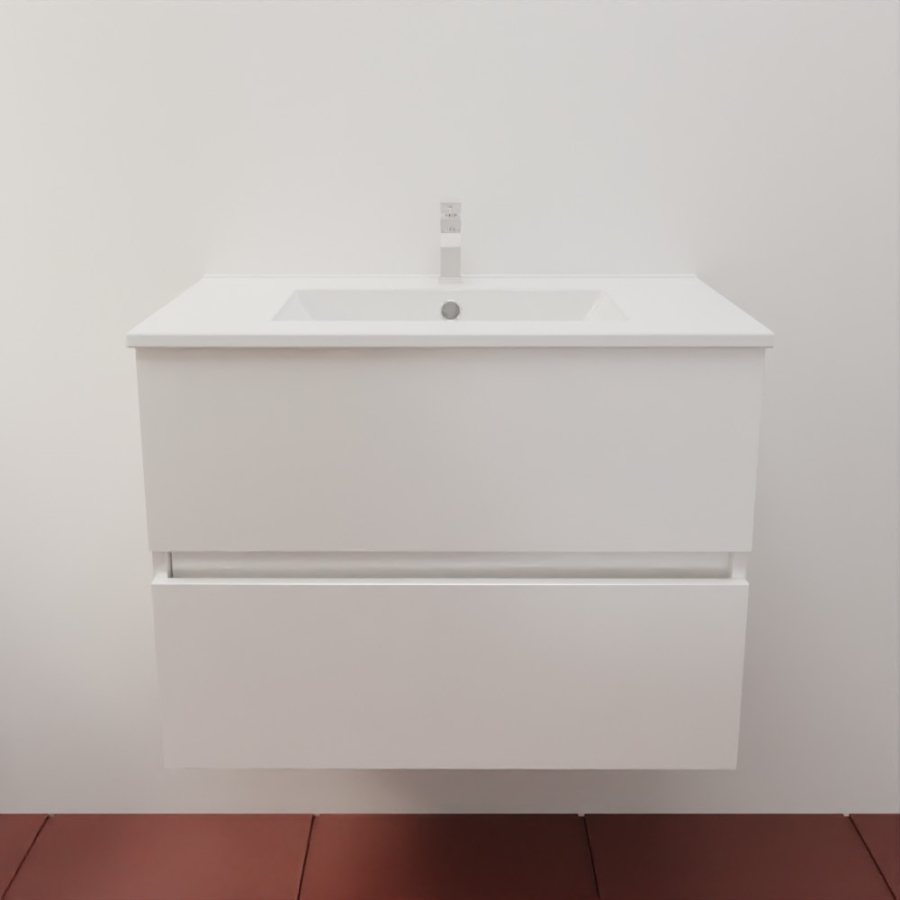 Ensemble meuble salle de bain 70 cm en inox coloris blanc mat et plan simple vasque en céramique 46 cm de profondeur 