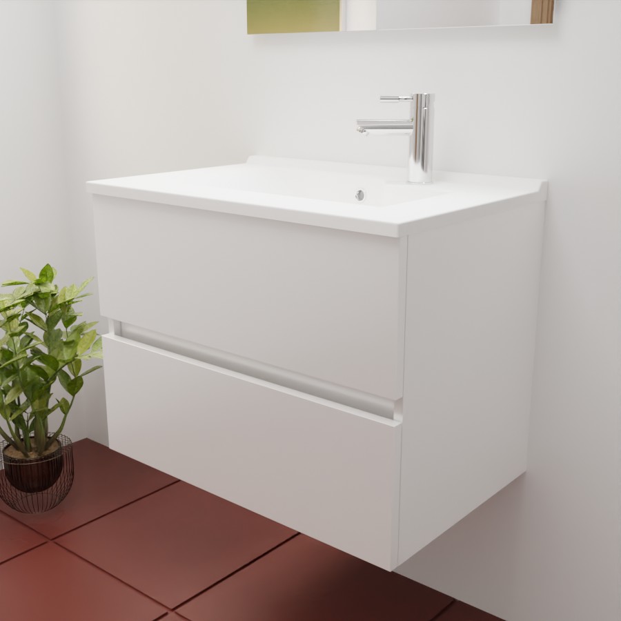 Ensemble meuble salle de bain 70 cm en inox coloris blanc mat et plan simple vasque en résine 46 cm de profondeur 