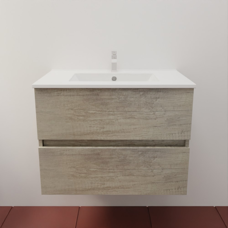 Ensemble meuble salle de bain 70 cm en inox coloris chêne et plan simple vasque en céramique 46 cm de profondeur 