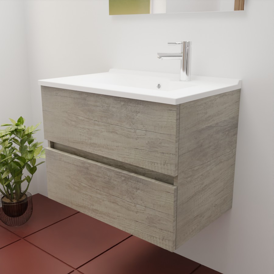 Ensemble meuble salle de bain 70 cm en inox coloris chêne et plan simple vasque en résine 46 cm de profondeur 