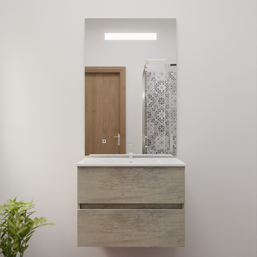 Ensemble meuble salle de bain 70 cm x 46 cm ROSINOX avec meuble à tiroir coloris chene, plan vasque en céramique et miroir LED élégance 70 cm x 105 cm de hauteur