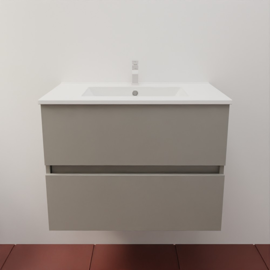 Ensemble meuble salle de bain 60 cm en inox coloris gris mat et plan simple vasque en céramique 46 cm de profondeur 