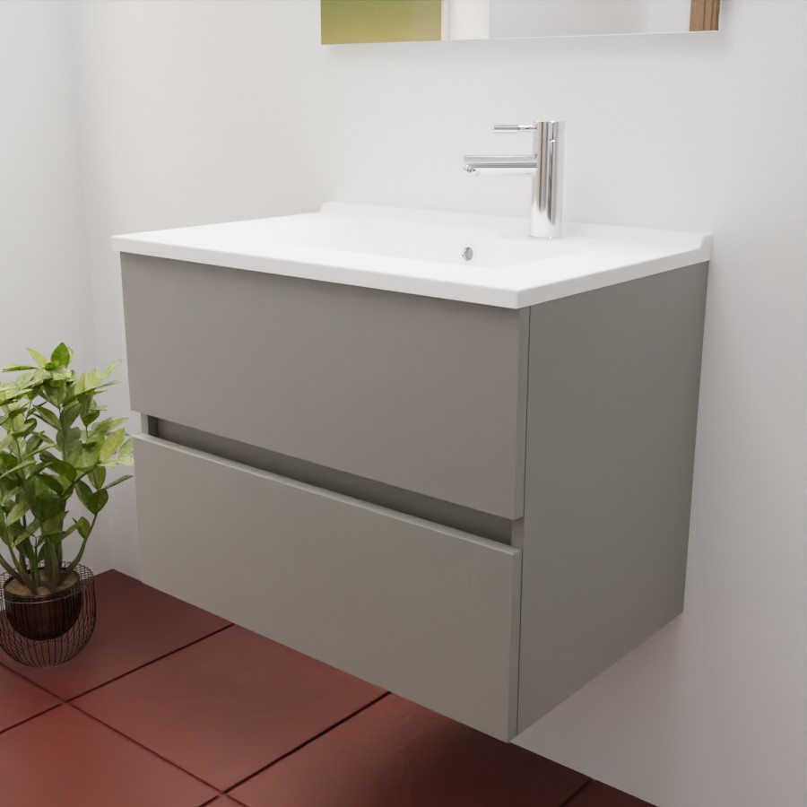 Ensemble meuble salle de bain 60 cm en inox coloris gris mat et plan simple vasque en résine 46 cm de profondeur 