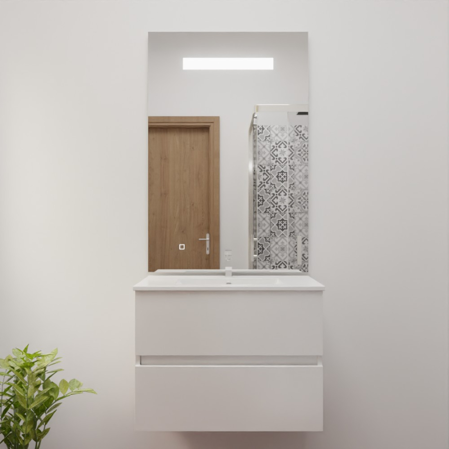Ensemble meuble salle de bain 70 cm x 46 cm ROSINOX avec meuble à tiroir blanc mat, plan vasque en céramique et miroir LED élégance 70 cm x 105 cm de hauteur