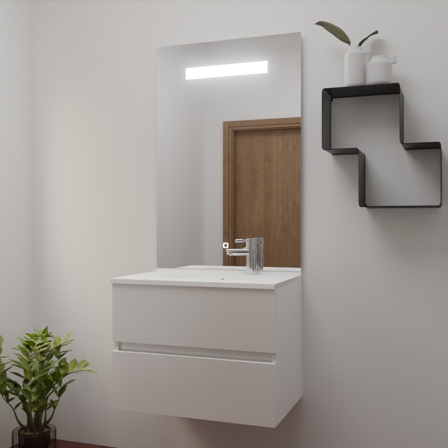 Ensemble meuble salle de bain 70 cm x 46 cm ROSINOX avec meuble à tiroir blanc mat, plan vasque en résine et miroir LED élégance 70 cm x 105 cm de hauteur
