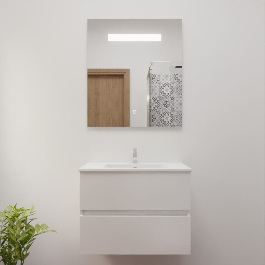 Ensemble meuble salle de bain 70 cm x 46 cm ROSINOX avec meuble à tiroir blanc mat, plan vasque en céramique et miroir LED élégance 70 cm x 80 cm de hauteur