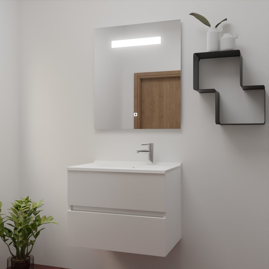 Ensemble meuble salle de bain 70 cm x 46 cm ROSINOX avec meuble à tiroir blanc mat, plan vasque en résine et miroir LED élégance 70 cm x 80 cm de hauteur