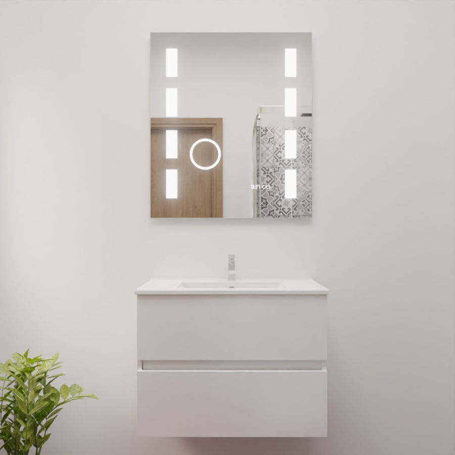 Ensemble meuble salle de bain 70 cm x 46 cm ROSINOX avec meuble à tiroir blanc mat, plan vasque en ceramique et miroir LED excellence 70 cm x 80 cm de hauteur