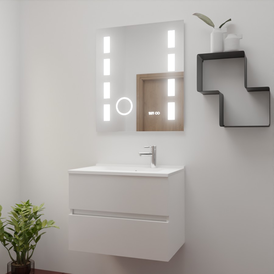 Ensemble meuble salle de bain 70 cm x 46 cm ROSINOX avec meuble à tiroir blanc mat, plan vasque en résine et miroir LED excellence 70 cm x 80 cm de hauteur