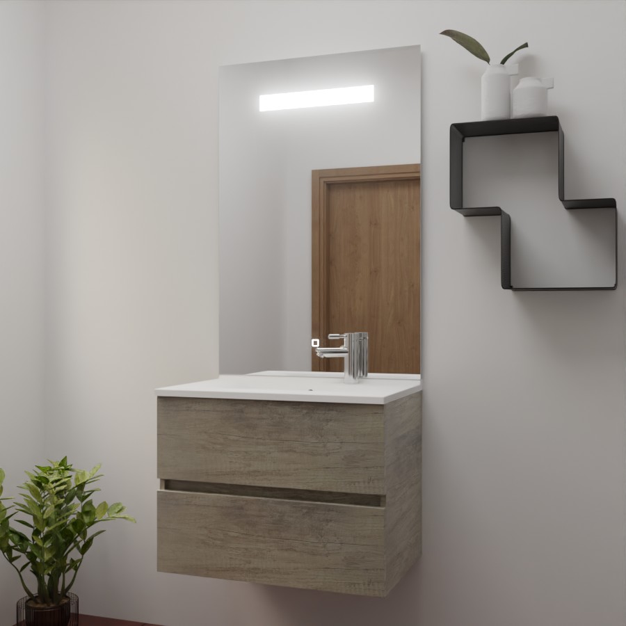 Ensemble meuble salle de bain 70 cm x 46 cm ROSINOX avec meuble à tiroir coloris chene, plan vasque en résine et miroir LED élégance 70 cm x 105 cm de hauteur