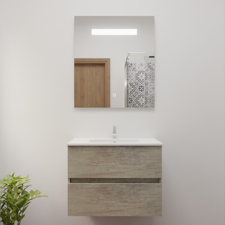 Ensemble meuble salle de bain 70 cm x 46 cm ROSINOX avec meuble à tiroir coloris chene, plan vasque en céramique et miroir LED élégance 70 cm x 80 cm de hauteur