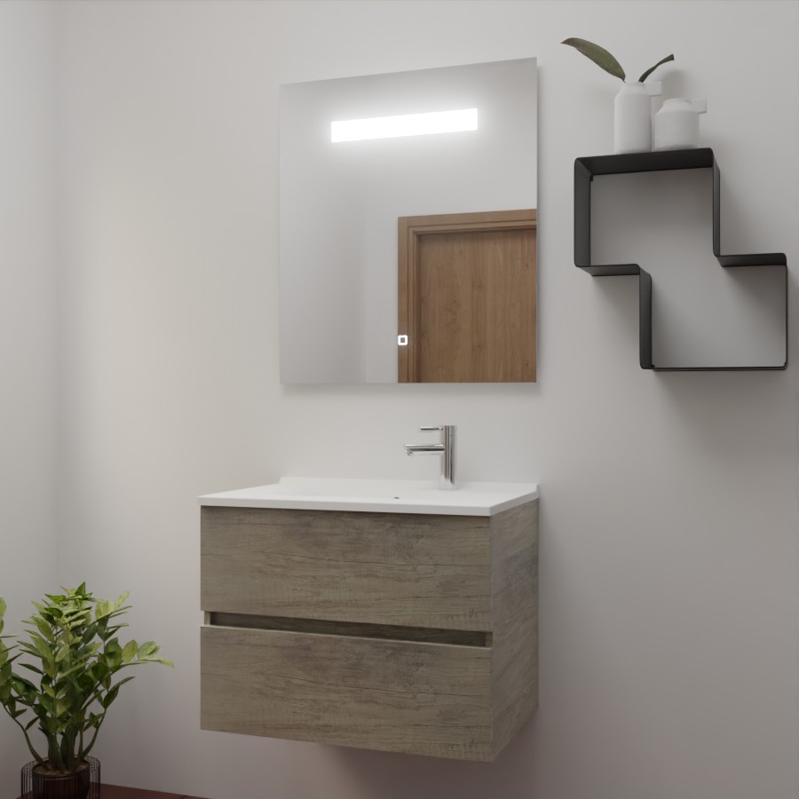 Ensemble meuble salle de bain 70 cm x 46 cm ROSINOX avec meuble à tiroir coloris chene, plan vasque en résine et miroir LED élégance 70 cm x 80 cm de hauteur