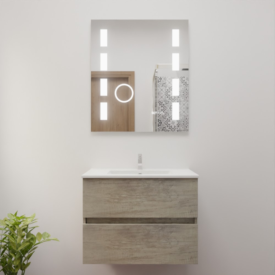 Ensemble meuble salle de bain 70 cm x 46 cm ROSINOX avec meuble à tiroir coloris chene, plan vasque en céramique et miroir LED excellence 70 cm x 80 cm de hauteur