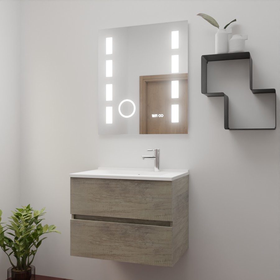 Ensemble meuble salle de bain 70 cm x 46 cm ROSINOX avec meuble à tiroir coloris chene, plan vasque en résine et miroir LED excellence 70 cm x 80 cm de hauteur