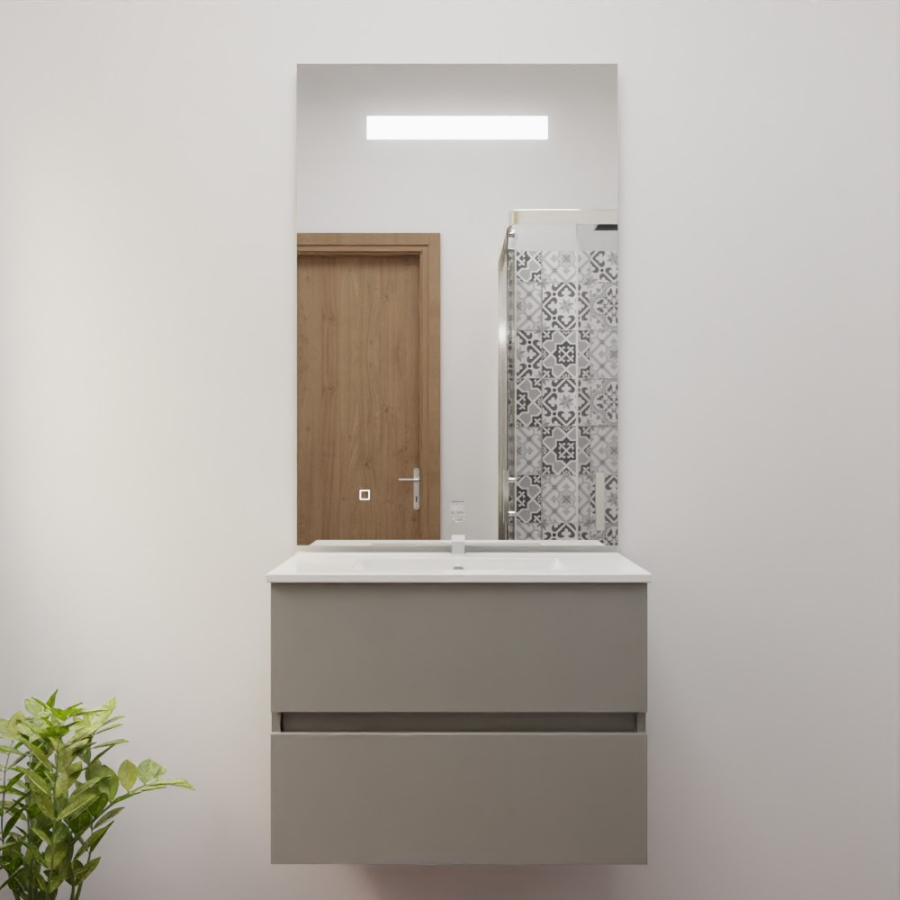 Ensemble meuble salle de bain 70 cm x 46 cm ROSINOX avec meuble à tiroir coloris gris clair mat, plan vasque en céramique et miroir LED élégance 70 cm x 105 cm de hauteur