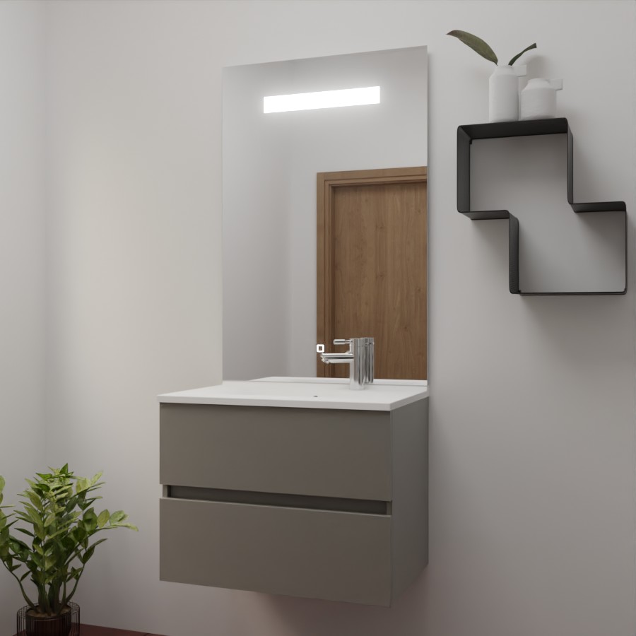 Ensemble meuble salle de bain 70 cm x 46 cm ROSINOX avec meuble à tiroir coloris gris clair mat, plan vasque en résine et miroir LED élégance 70 cm x 105 cm de hauteur
