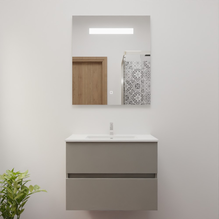 Ensemble meuble salle de bain 70 cm x 46 cm ROSINOX avec meuble à tiroir coloris gris clair mat, plan vasque en céramique et miroir LED élégance 70 cm x 80 cm de hauteur